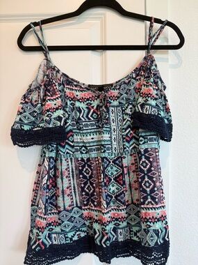 Almost Famous Navy, Coral & Mint Tribal Cold-Shoulder Camisole